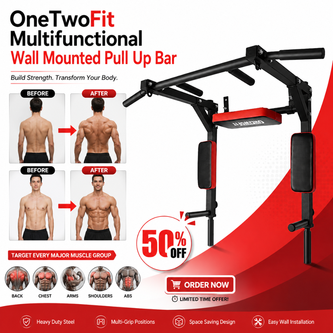 OneTwoFit Multifunctional Wall Mounted Pull Up Bar - Heavy Duty Steel, Multi-Grip Positions & Space Saving Design – Build Strength, Transform Your Body – Target Back, Chest, Arms, Shoulders & Abs