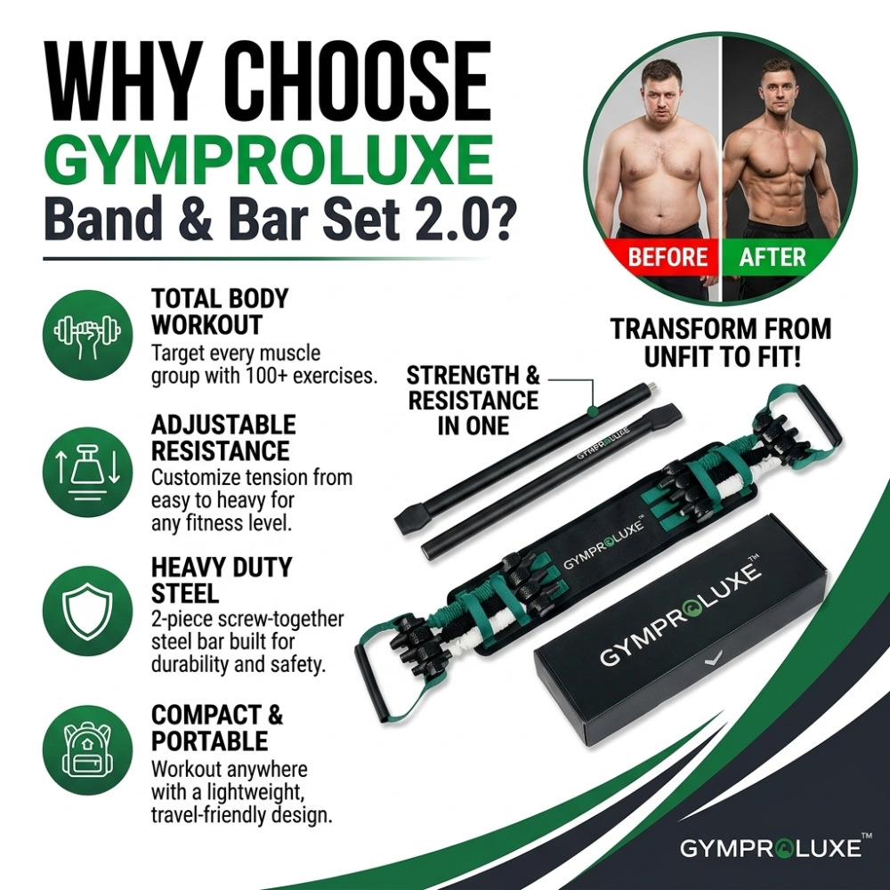 Imported GymProLuxe Adjustable Resistance Band & Steel Bar Set 2.0 – Heavy-Duty Full Body Home Gym Workout Kit, Up to 200 lbs Resistance (100% Original Quality)