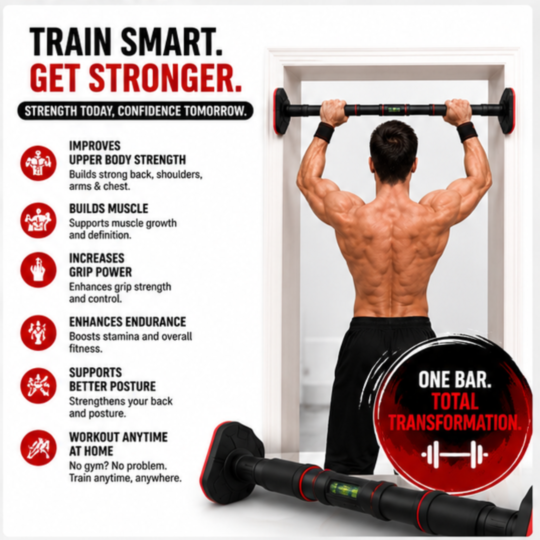 Adjustable Doorway Pull-Up Bar – 50% OFF – Heavy-Duty 200kg Capacity – No Screws, No Damage – Full Body Home Workouts – Adjustable 75-100cm – Comfortable Foam Grip – Build Strength, Muscle & Definition