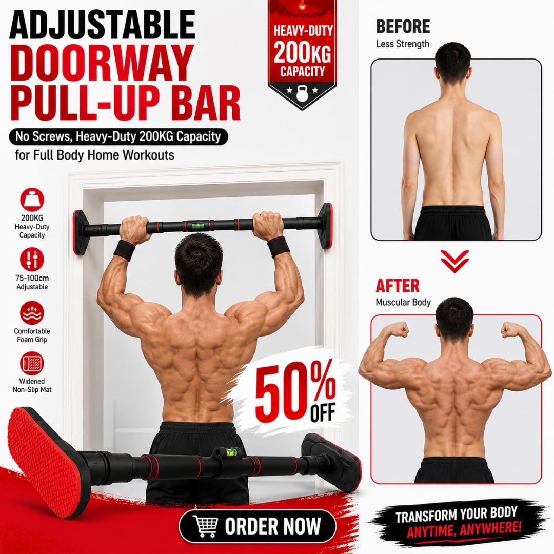 Adjustable Doorway Pull-Up Bar – 50% OFF – Heavy-Duty 200kg Capacity – No Screws, No Damage – Full Body Home Workouts – Adjustable 75-100cm – Comfortable Foam Grip – Build Strength, Muscle & Definition