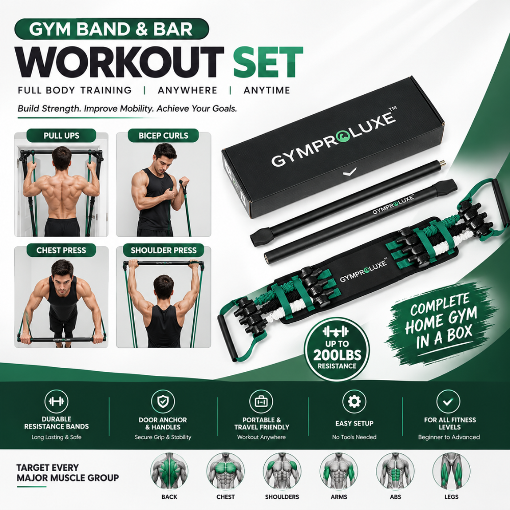 Imported GymProLuxe Adjustable Resistance Band & Steel Bar Set 2.0 – Heavy-Duty Full Body Home Gym Workout Kit, Up to 200 lbs Resistance (100% Original Quality)