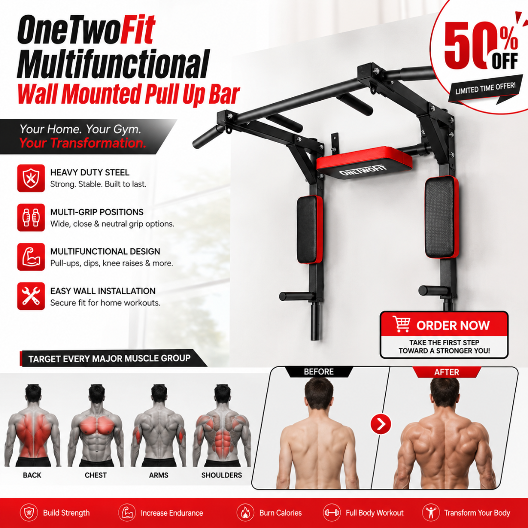 OneTwoFit Multifunctional Wall Mounted Pull Up Bar - Heavy Duty Steel, Multi-Grip Positions & Space Saving Design – Build Strength, Transform Your Body – Target Back, Chest, Arms, Shoulders & Abs