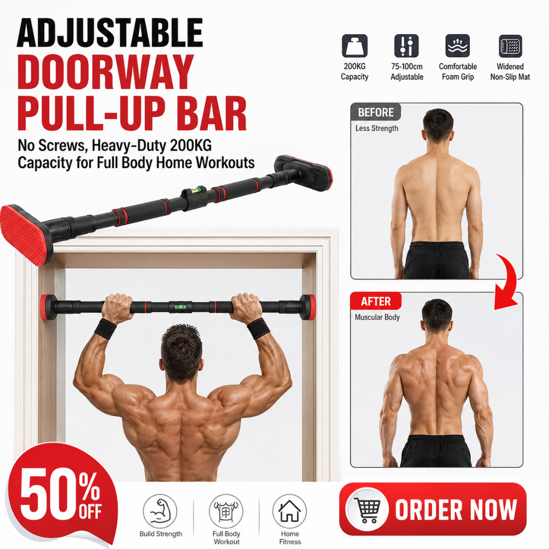 Adjustable Doorway Pull-Up Bar – 50% OFF – Heavy-Duty 200kg Capacity – No Screws, No Damage – Full Body Home Workouts – Adjustable 75-100cm – Comfortable Foam Grip – Build Strength, Muscle & Definition