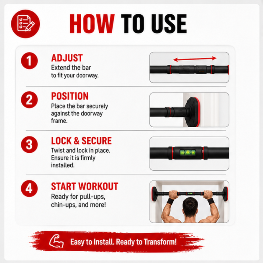 Adjustable Doorway Pull-Up Bar – 50% OFF – Heavy-Duty 200kg Capacity – No Screws, No Damage – Full Body Home Workouts – Adjustable 75-100cm – Comfortable Foam Grip – Build Strength, Muscle & Definition