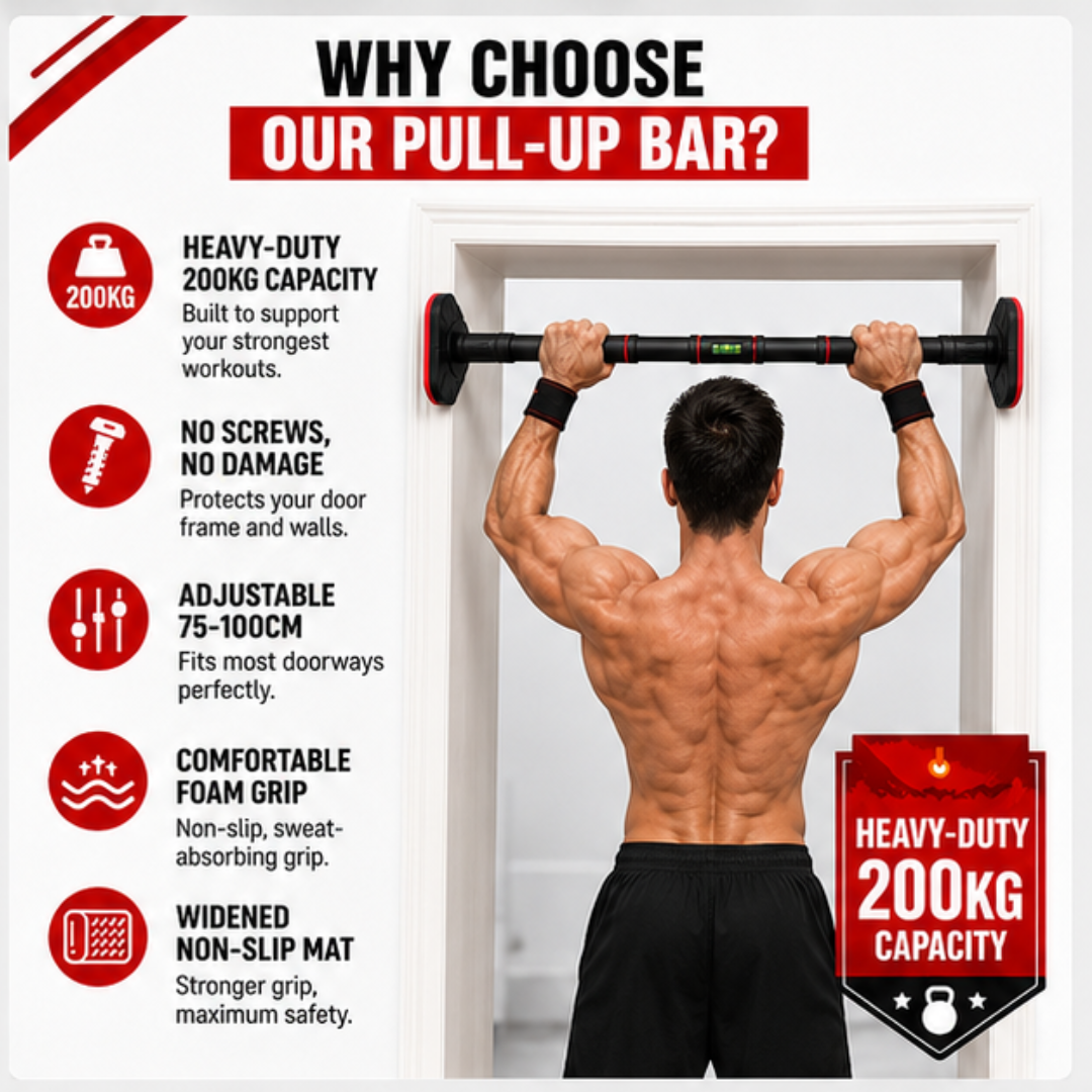 Adjustable Doorway Pull-Up Bar – 50% OFF – Heavy-Duty 200kg Capacity – No Screws, No Damage – Full Body Home Workouts – Adjustable 75-100cm – Comfortable Foam Grip – Build Strength, Muscle & Definition