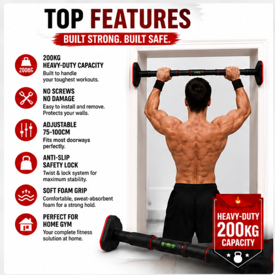 Adjustable Doorway Pull-Up Bar – 50% OFF – Heavy-Duty 200kg Capacity – No Screws, No Damage – Full Body Home Workouts – Adjustable 75-100cm – Comfortable Foam Grip – Build Strength, Muscle & Definition