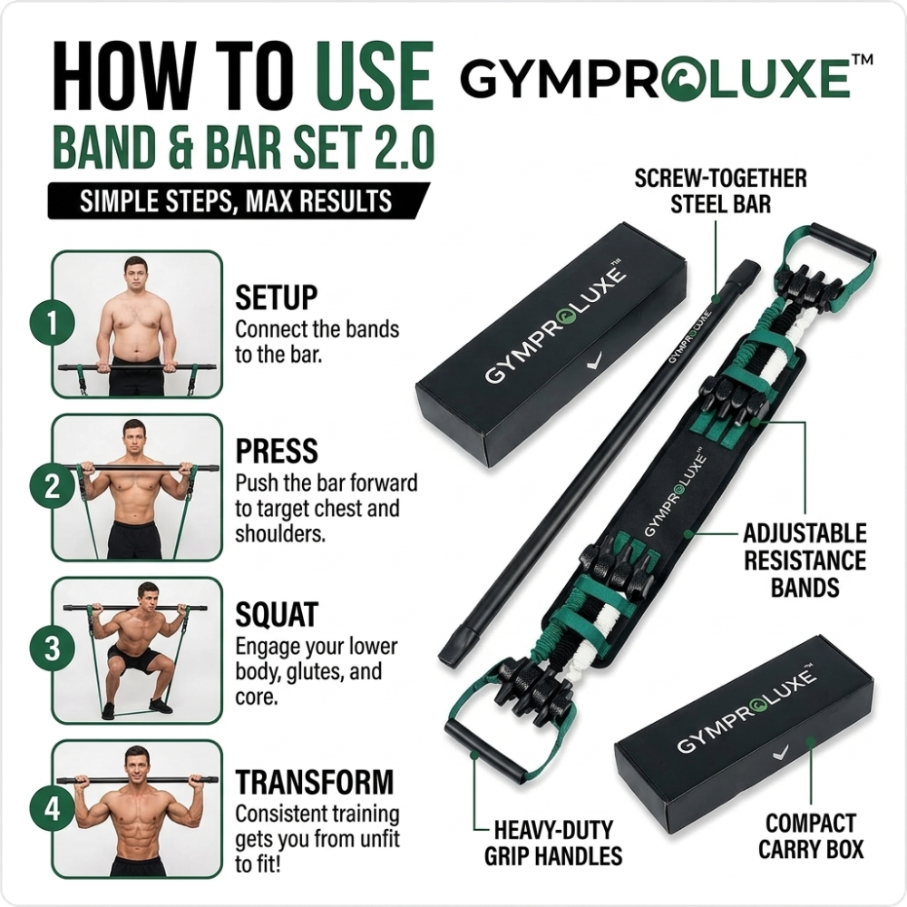 Imported GymProLuxe Adjustable Resistance Band & Steel Bar Set 2.0 – Heavy-Duty Full Body Home Gym Workout Kit, Up to 200 lbs Resistance (100% Original Quality)