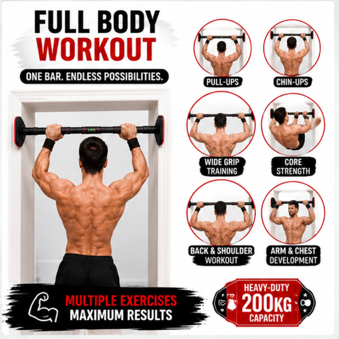 Adjustable Doorway Pull-Up Bar – 50% OFF – Heavy-Duty 200kg Capacity – No Screws, No Damage – Full Body Home Workouts – Adjustable 75-100cm – Comfortable Foam Grip – Build Strength, Muscle & Definition